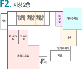 F2. 지상2층 : 소독실, 전방척추외과, 제2통증의학과, 제1통증의학과, 화장실, 타워파킹, C-arm실, 물리치료실, 통증치료실