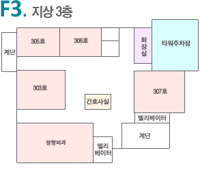 F3. 지상3층 : 제2수술실, 제1수술실, 공급실, 타워파킹, 탈의실, 제3수술실, 의사연구실, 소수술실, 마취과