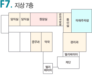 F1. 지상7층 : 701호, 702호, 703호, 705호, 706호, 707호, 708호, 화장실, 타워파킹, 간호사실, 행정실