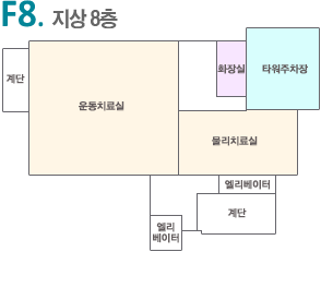 F8. 지상8층 : 801호, 802호, 803호, 805호, 806호, 화장실, 타워파킹, 간호사실, 행정실