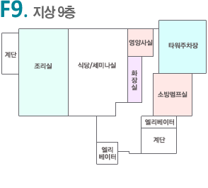 F9. 지상9층 : 주방, 회의실, 타워파킹, 부식창고, 영양사실, 식당, 화장실